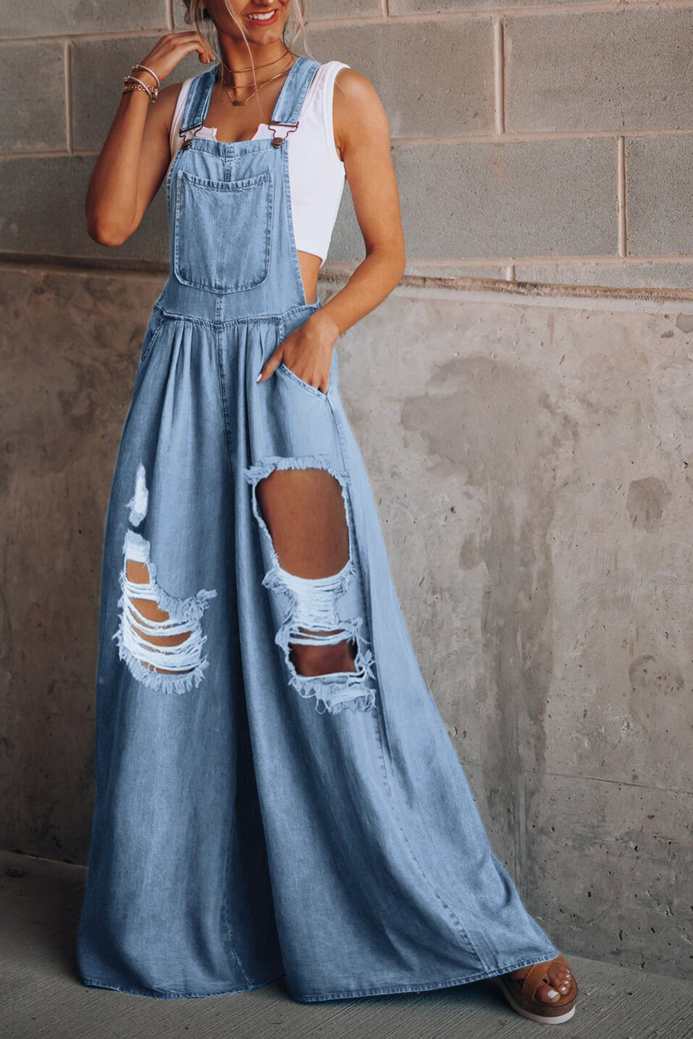 Distressed Wide Leg Denim Overalls