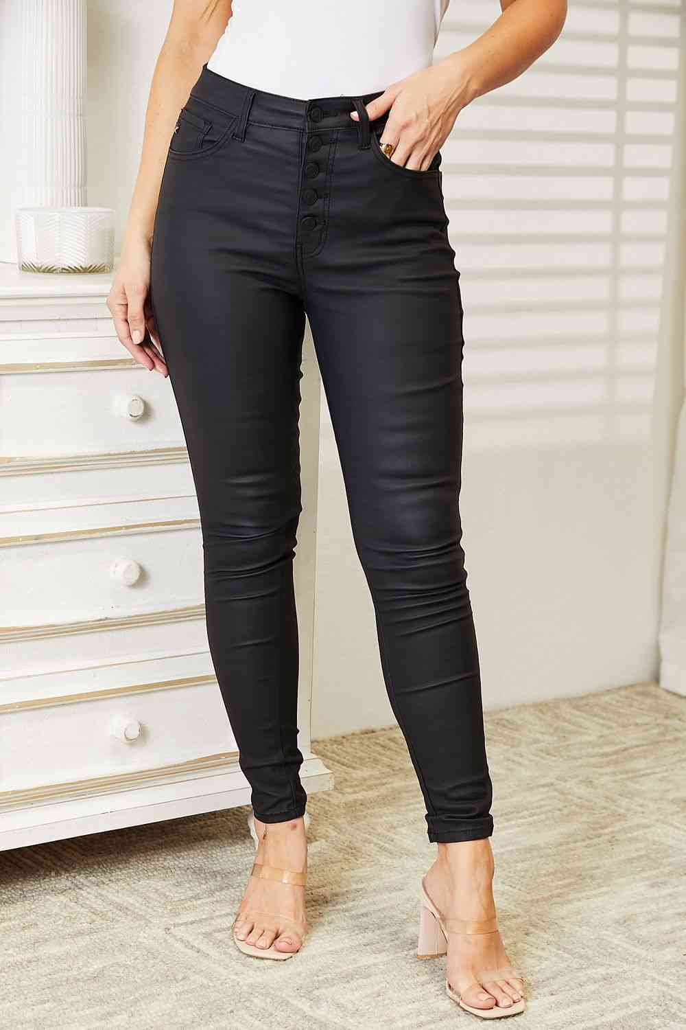 Leslie Full Size High Rise Black Coated Ankle Skinny Jeans