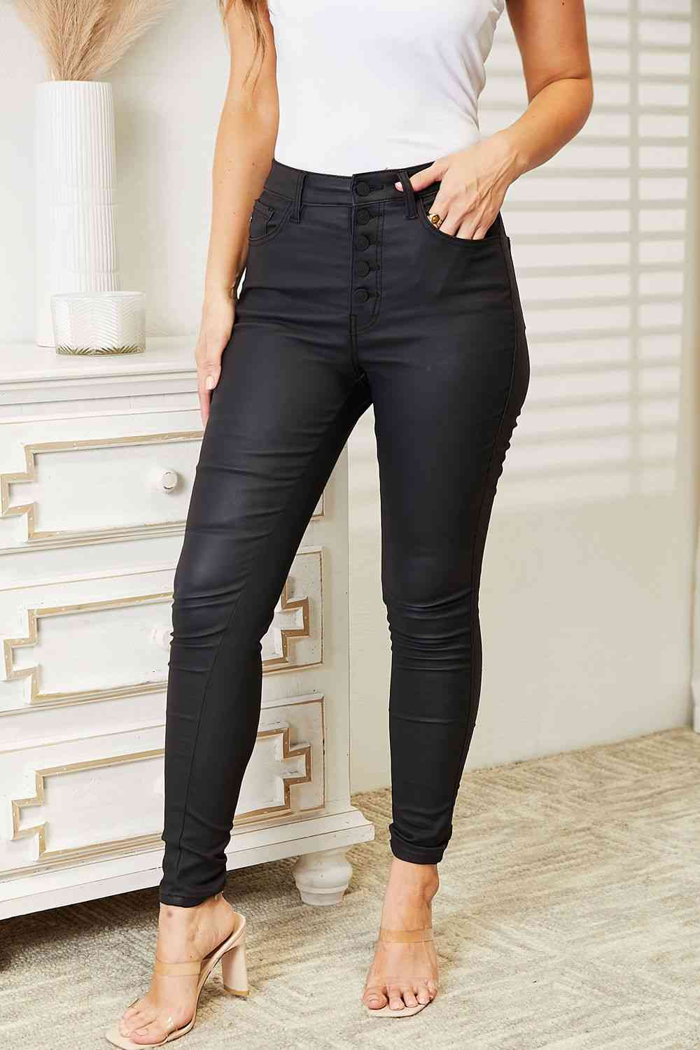 Leslie Full Size High Rise Black Coated Ankle Skinny Jeans