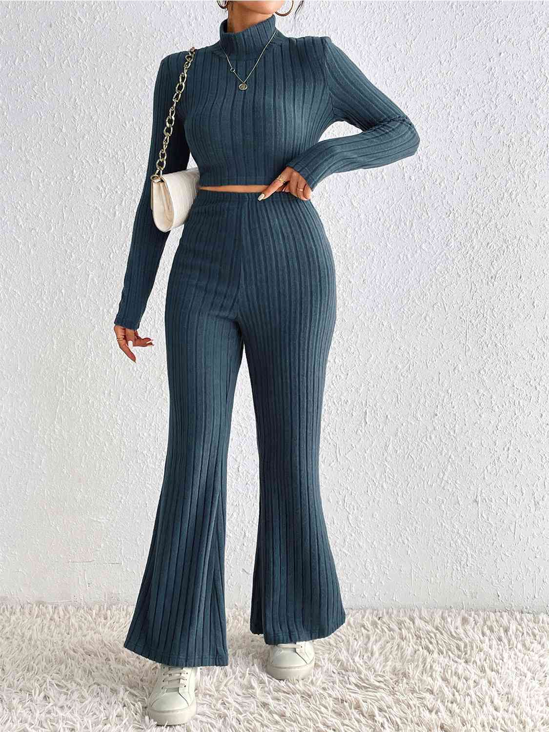 Ribbed Mock Neck Cropped Sweater & High Waist Pants Set