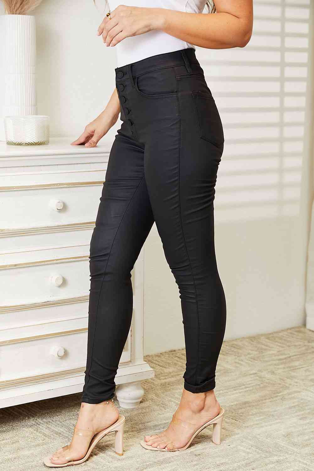 Leslie Full Size High Rise Black Coated Ankle Skinny Jeans