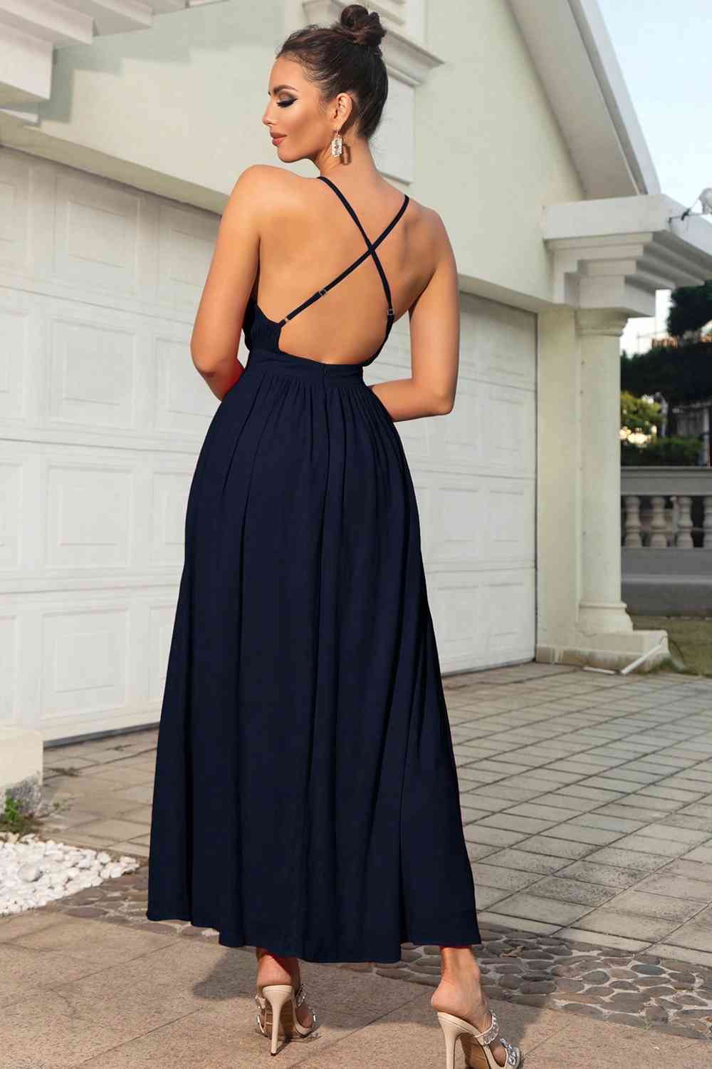 Sleeveless Plunge Neck Slit Maxi Dress