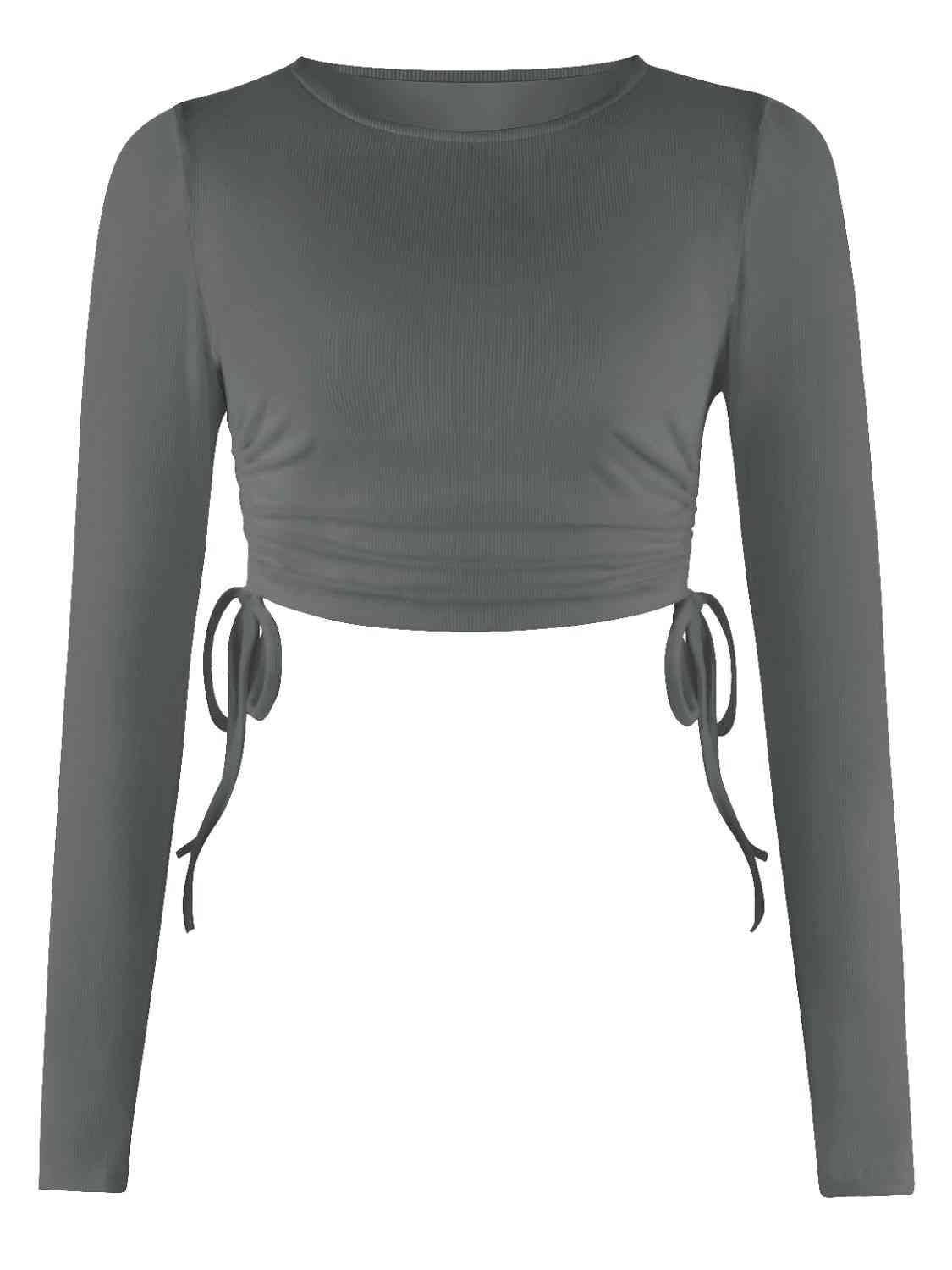 Drawstring Round Neck Long Sleeve Top