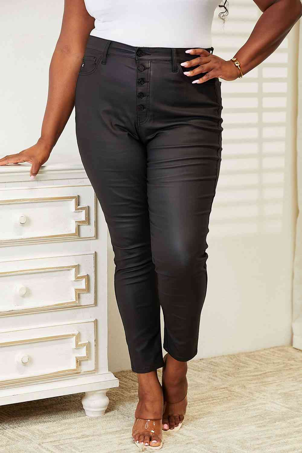 Leslie Full Size High Rise Black Coated Ankle Skinny Jeans